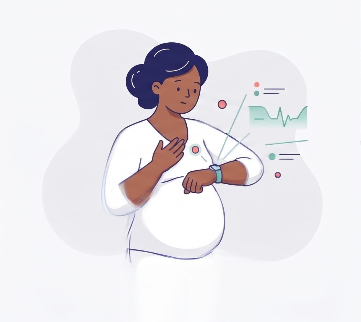 A pregnant woman checking her smartwatch, with a live vitals graph beside her