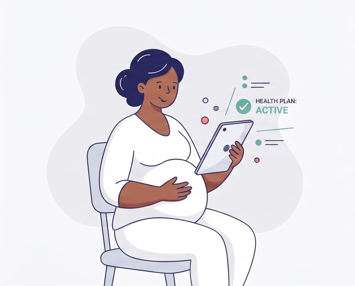 A pregnant woman reviewing her health plan status as active on a tablet